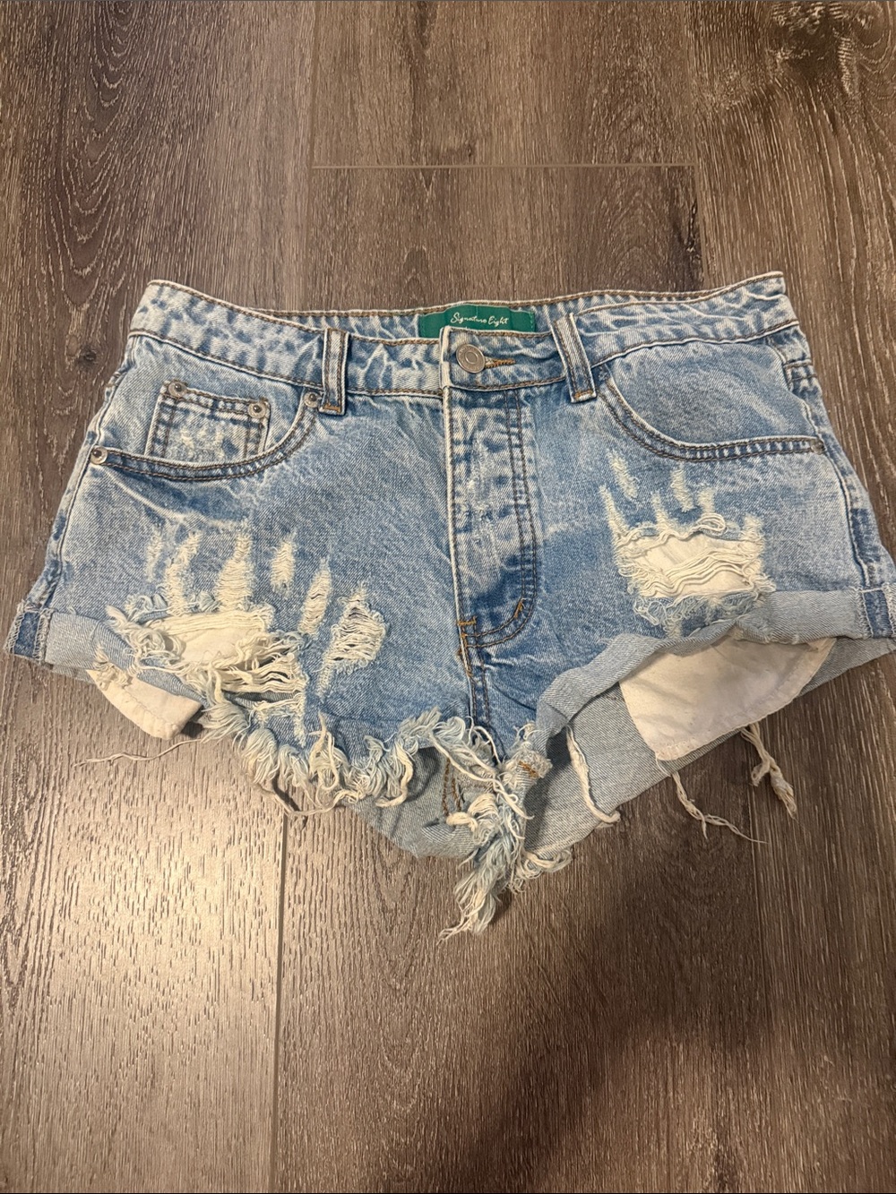 Distressed Light Blue High-Rise Denim Shorts
